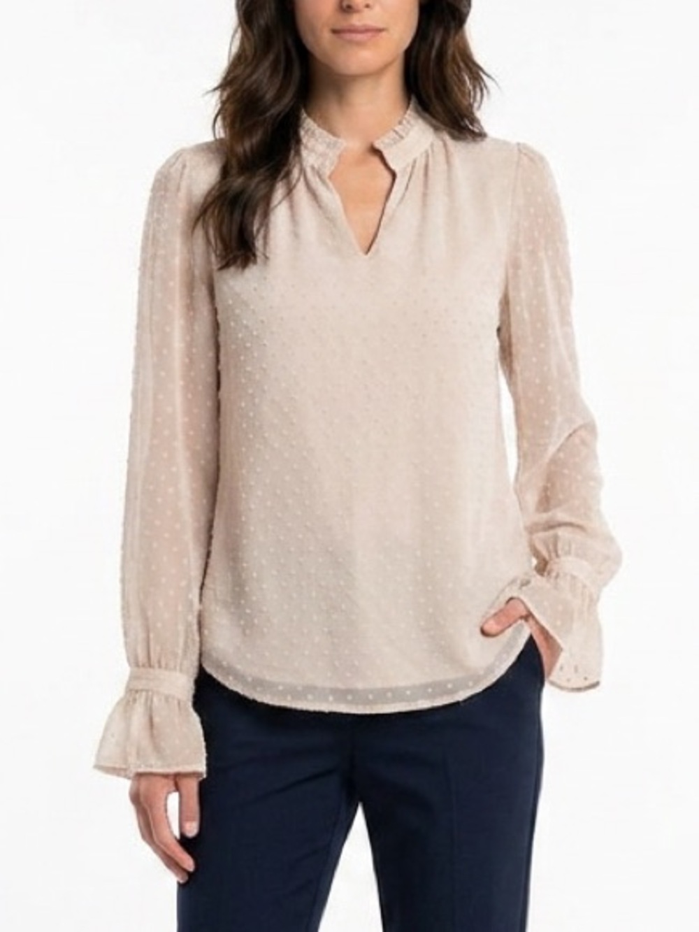 CONTEMPORAINE | Beige Swiss Dots Blouse Sz L